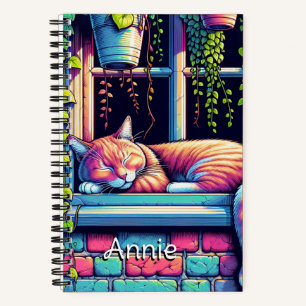 Sleepy Cat in Window Sill Ai Art Personalised Notebook