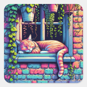 Sleepy Cat in Window Sill Ai Art Square Sticker