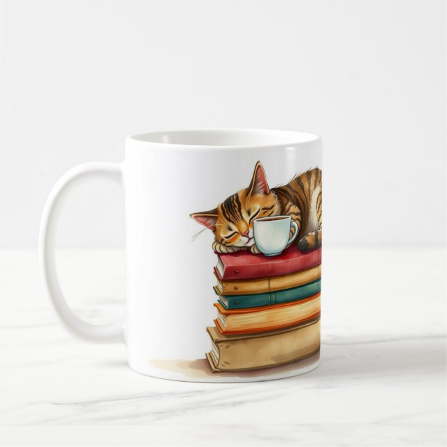 Sleepy Cat Napping On Coffee Funny Personalized Coffee Mug (Left)