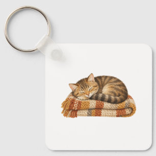 Sleepy Cat on a Knitted Blanket Key Ring