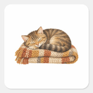 Sleepy Cat on a Knitted Blanket Square Sticker
