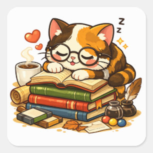 Sleepy Cat on Books   Cosy Book Lover Cat Design Square Sticker