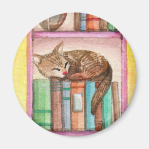 Sleepy Cat on Bookshelf Magnet