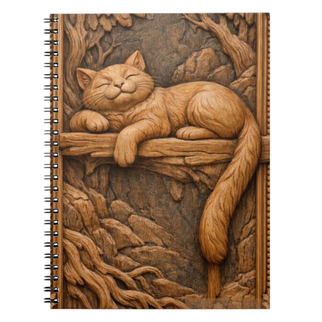 Sleepy Cat on Tree Branch – Wood Carving Notebook (Front)