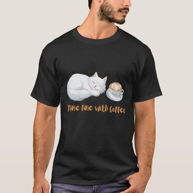 Sleepy Cat with Coffee Cup Art T-Shirt (Front)