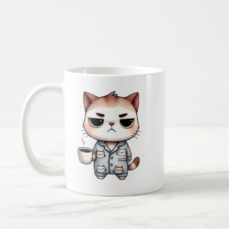 Sleepy Cat with Coffee, Grumpy Kitten, Pajama Cat Coffee Mug