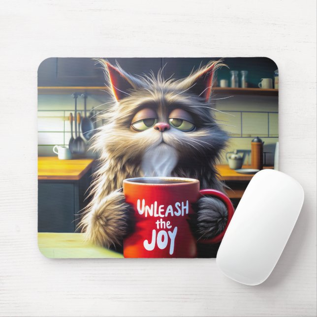 Sleepy Cat With Funny Red Coffee Mug Mouse Mat (With Mouse)