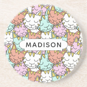 Sleepy Cats Pattern custom name sandstone coaster