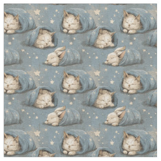 Sleepy Cats Under Starry Sky Cosy Blue Pattern Fabric