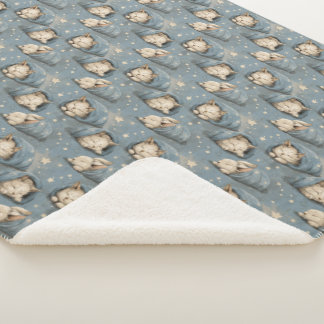 Sleepy Cats Under Starry Sky Cosy Blue Pattern Sherpa Blanket