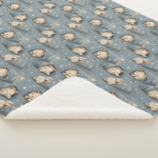 Sleepy Cats Under Starry Sky Cosy Blue Pattern Sherpa Blanket (3/4)