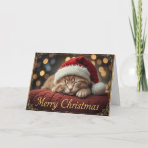 Sleepy Christmas Cat in Santa Hat Holiday Card