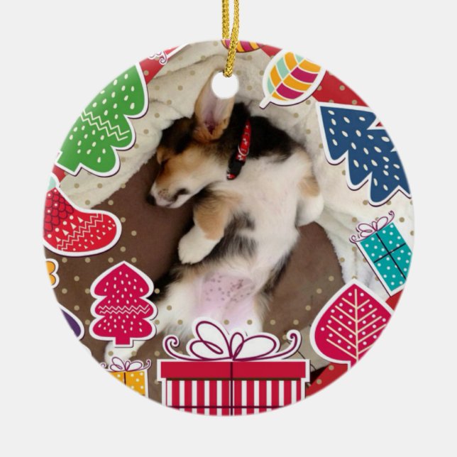 Sleepy Christmas Corgi Puppy Ceramic Tree Decoration (Front)