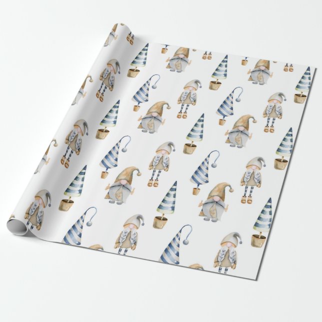Sleepy Christmas Gnomes & Trees Design Wrapping Paper (Unrolled)