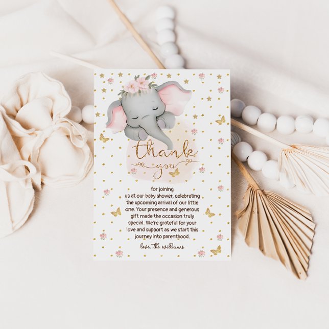 Sleepy Elephant Cute Baby Girl Shower  Thank You Card (Creator Uploaded)