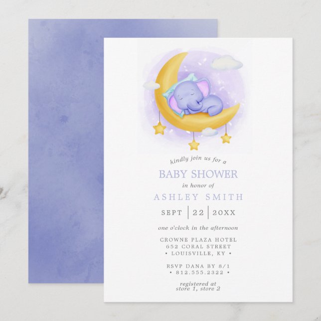 Sleepy Elephant Moon Watercolor Baby Shower Invitation (Front/Back)