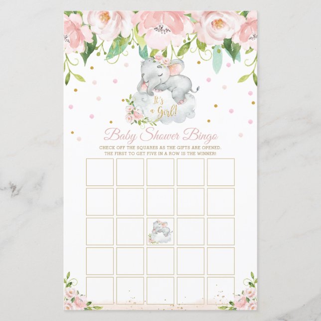 Sleepy Elephant Pink Floral Baby Shower Bingo Game (Front)