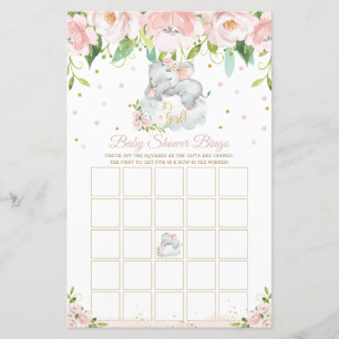Sleepy Elephant Pink Floral Baby Shower Bingo Game