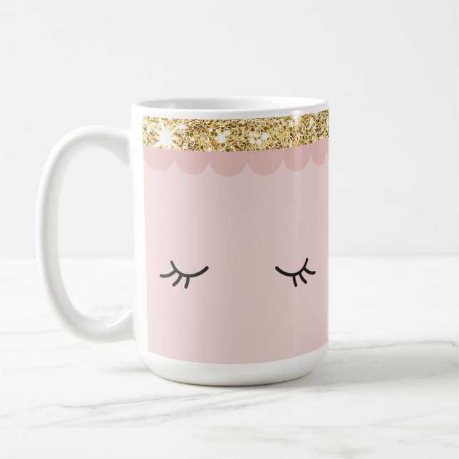 SLEEPY EYES closed open eyelashes gold pale pink Coffee Mug (Left)