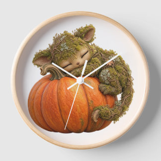 Sleepy Fantasy Creature Hugging Pumpkin Wall Clock