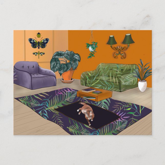 Sleepy fat cat on mat yellow room postcard (Front)