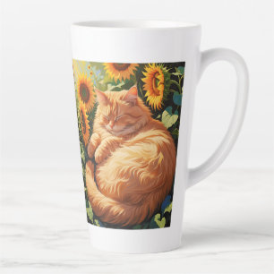 Sleepy Fat Orange Cat with Sunflowers Latte Mug