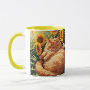 Sleepy Fat Orange Cat with Sunflowers Mug