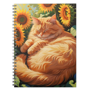 Sleepy Fat Orange Cat with Sunflowers Notebook