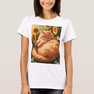 Sleepy Fat Orange Cat with Sunflowers T-Shirt