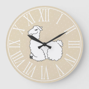 Sleepy Fluffy Llama & White Polka Dots Large Clock
