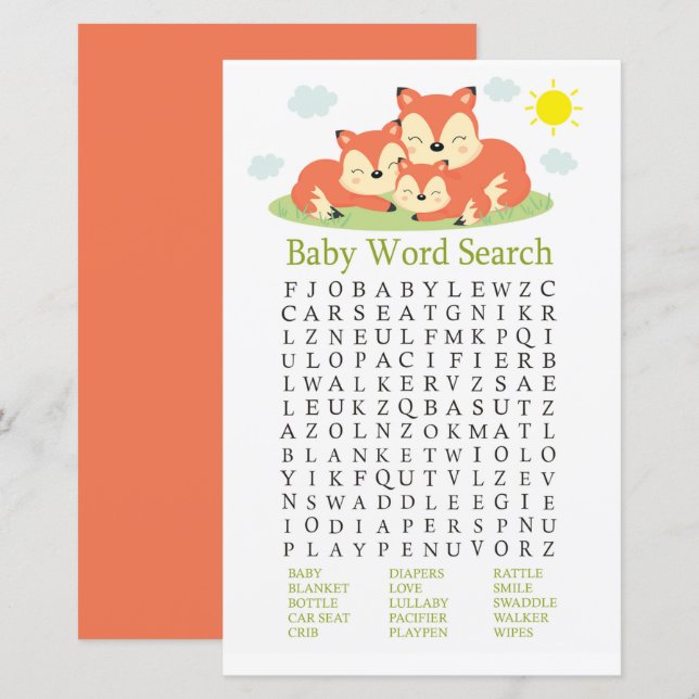 Sleepy fox Baby Shower Word Search Game (Front/Back)
