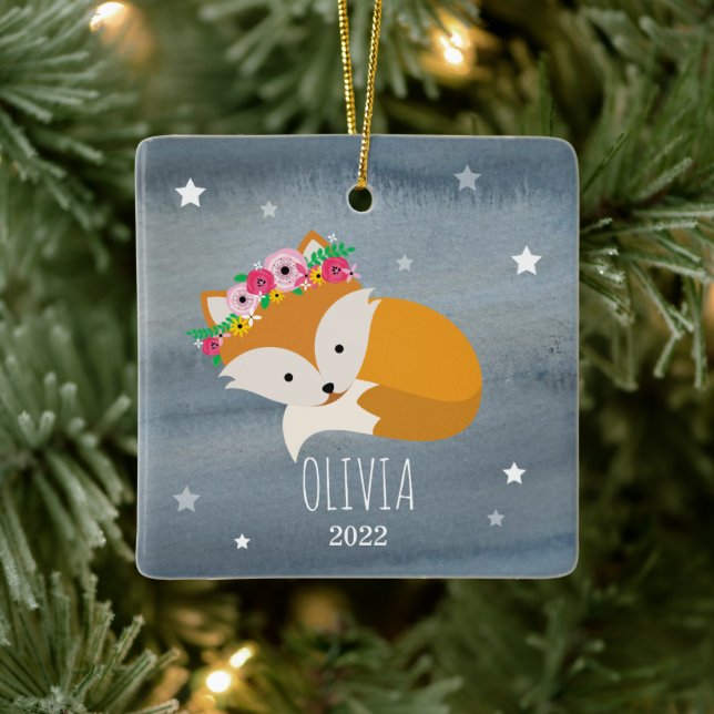 Sleepy Fox Boho Stars Baby Cub First Christmas Ceramic Ornament (Tree)