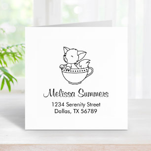 Sleepy Fox in a Teacup Address Rubber Stamp