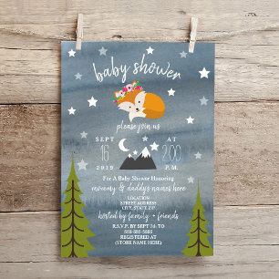 Sleepy Fox Mountains Watercolor Girl Baby Shower Invitation
