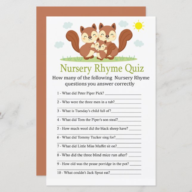 Sleepy fox Nursery Rhyme Quiz baby shower game (Front/Back)
