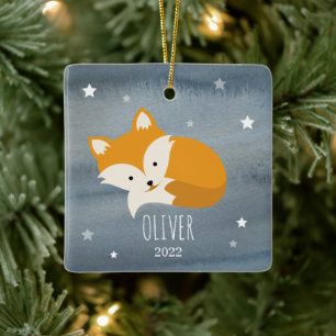 Sleepy Fox  Stars Baby Cub First Christmas Ceramic Ornament