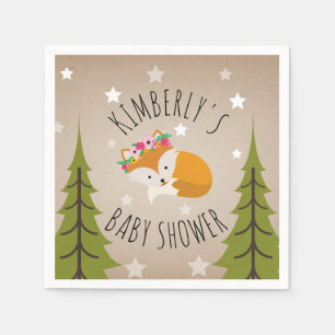 Sleepy Fox Stars + Trees Floral Baby Shower Napkin