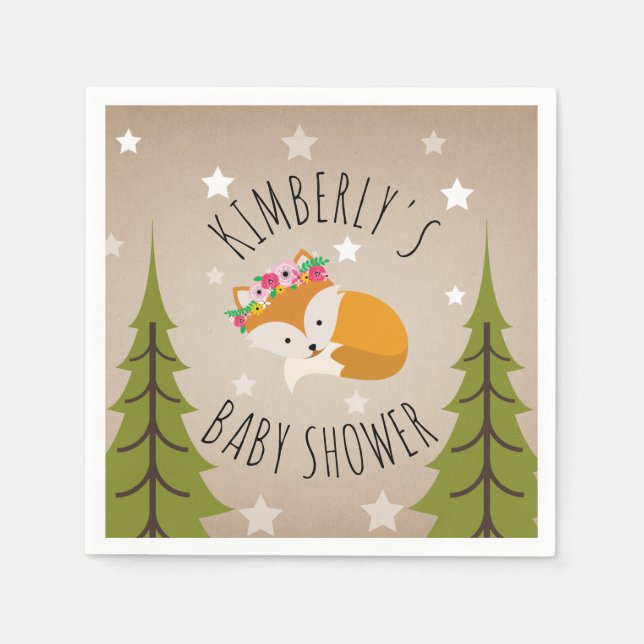 Sleepy Fox Stars + Trees Floral Baby Shower Napkin (Front)