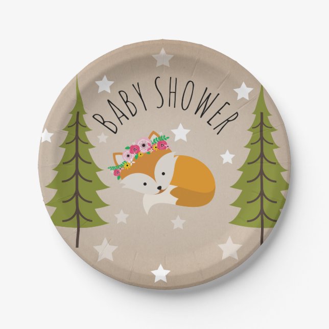 Sleepy Fox Stars + Trees Floral Baby Shower Paper Plate (Front)