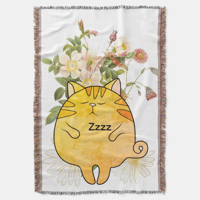 Sleepy Ginger Cat Throw Blanket (Front Vertical)