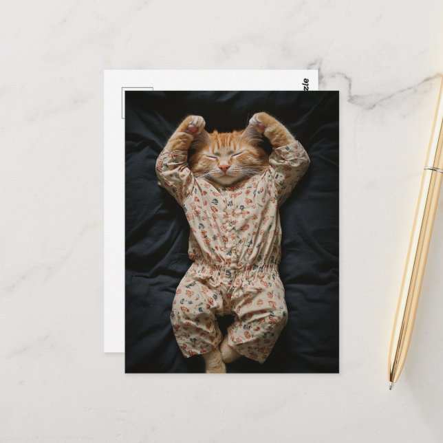 Sleepy Ginger Kitty in PJs Postcard (Front/Back In Situ)