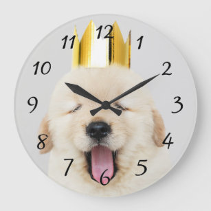 Sleepy Golden Retriever Puppy in Crown Yawning Large Clock