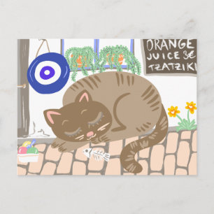 Sleepy Greek Taverna Cat Mediterranean Scene Holiday Postcard