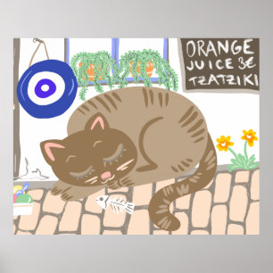 Sleepy Greek Taverna Cat Mediterranean Scene Poster