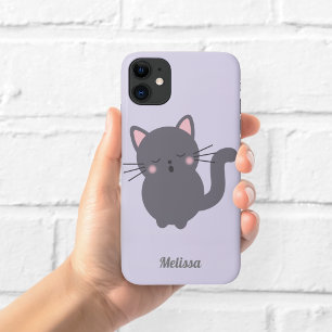 Sleepy Grey Cat Purple Phone Case