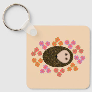 Sleepy Hedgehog and Flowers Custom Key Ring