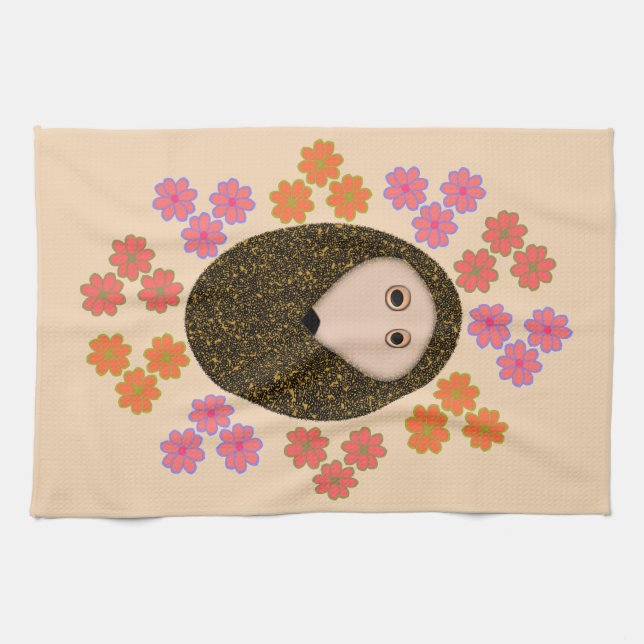 Sleepy Hedgehog and Flowers Kitchen Towel (Horizontal)
