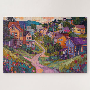 Sleepy Hillside Town - Watercolor Jigsaw Puzzle