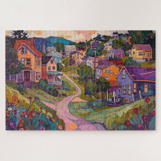 Sleepy Hillside Town - Watercolor Jigsaw Puzzle