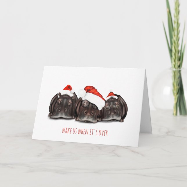 Sleepy Hippos, Christmas Holiday Greetings Card.  Thank You Card (Front)